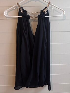 L’AGENCE 100% Silk Black Halter Top Gold Tone Chain Neckline XS